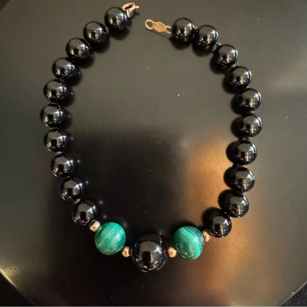 14K Gold Onyx & Malachite Beaded Bracelet – 6.5”
